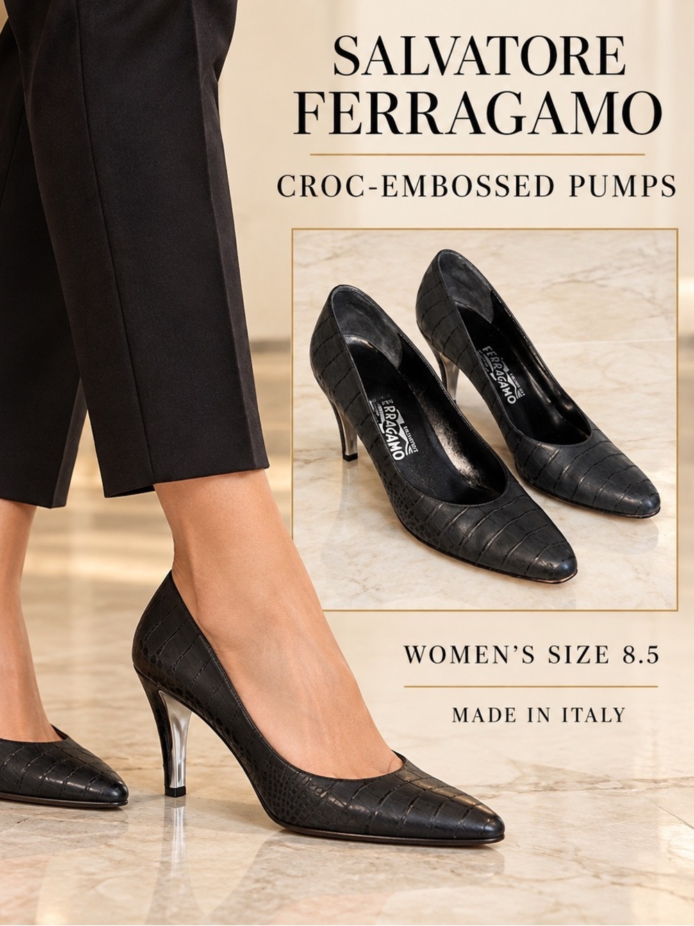 Salvatore Ferragamo Black Croc-Embossed Pointed Pumps Women’s Size 8.5